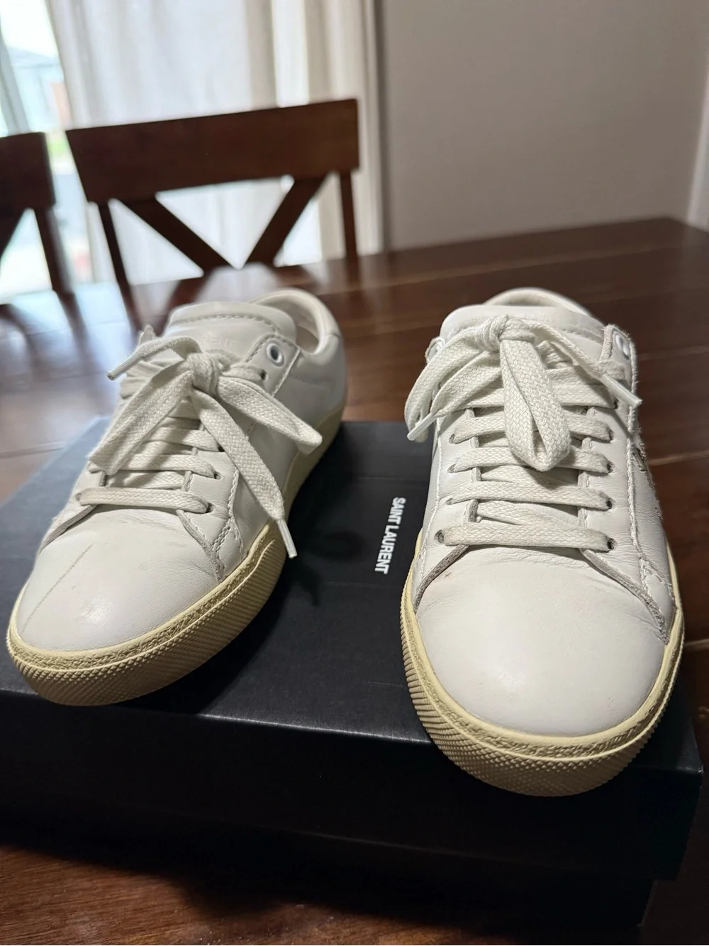 Saint Laurent White Leather Court Classic Sneakers with Beige Sole and Gold Logo